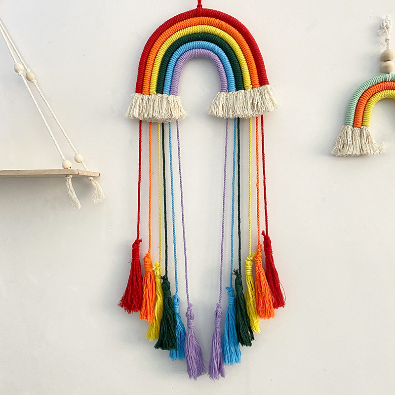 Macrame Wall Hanging - Bawełniana lina tkana w tęczowe wzory,