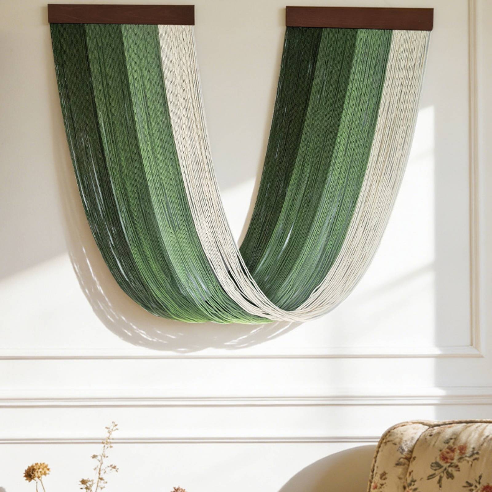 Macrame Wall Hanging - Gobelin z drewnianą listwą, ręcznie tkany,